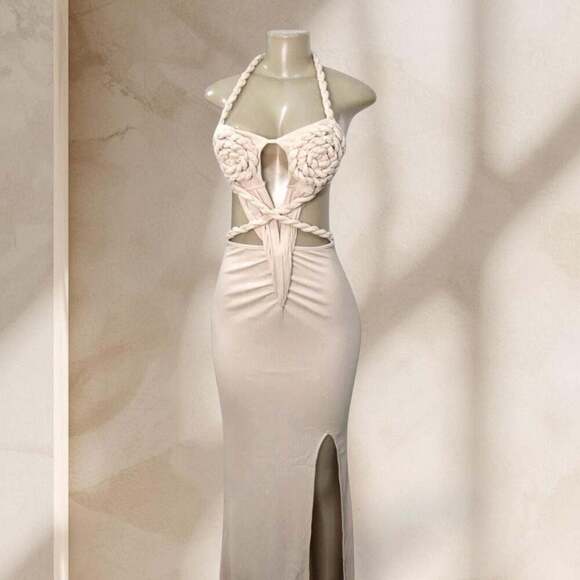 Suvia fashion Dresses & Skirts - Beige Cutout Maxi Dress – Halter Neck Braided Detail Bodycon w/ Sexy Chic ✧ S
